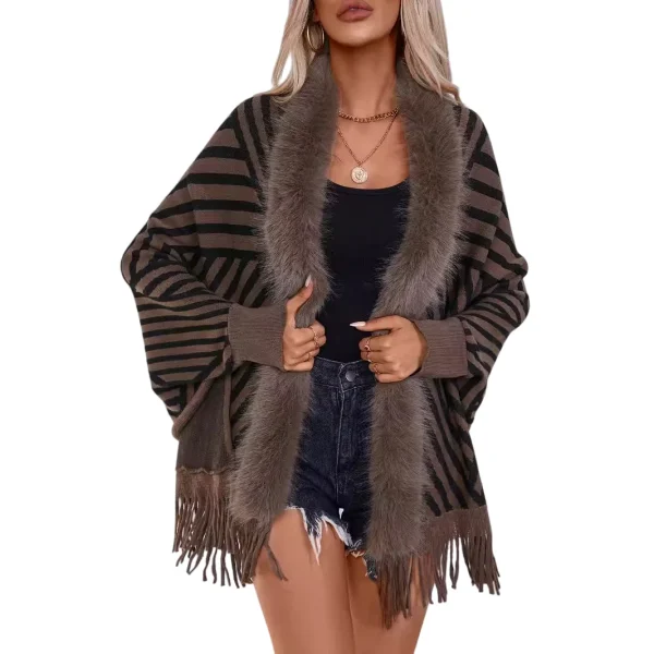 Fur Striped Poncho Cardigan Office Lady Batwing Sleeve Cape Knitted Shawl Sweaters