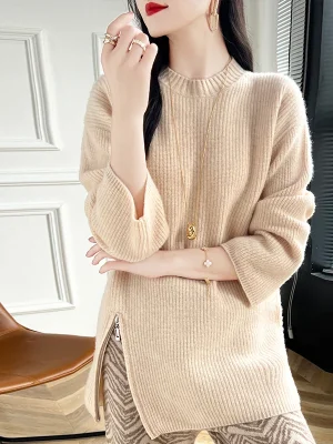 Side zipper split wool sweater women’s O-neck jumper