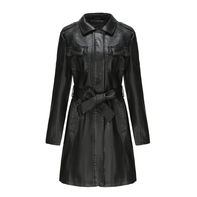 Long Leather Jacket With Belt For Women 2024 - Image 2