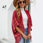 Women Fashion Striped Tassel Ponchos Batwing Sleeve Loose Shawl Over Coats - Image 9