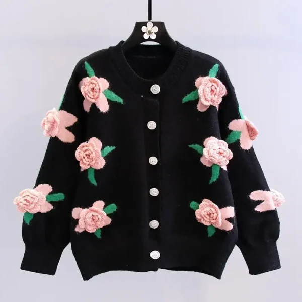 Korean Fashion Three Simensional Flower Knitted Cardigan - Image 3