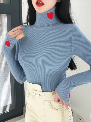 Heart Embroidery Turtleneck Knitted Women Sweaters