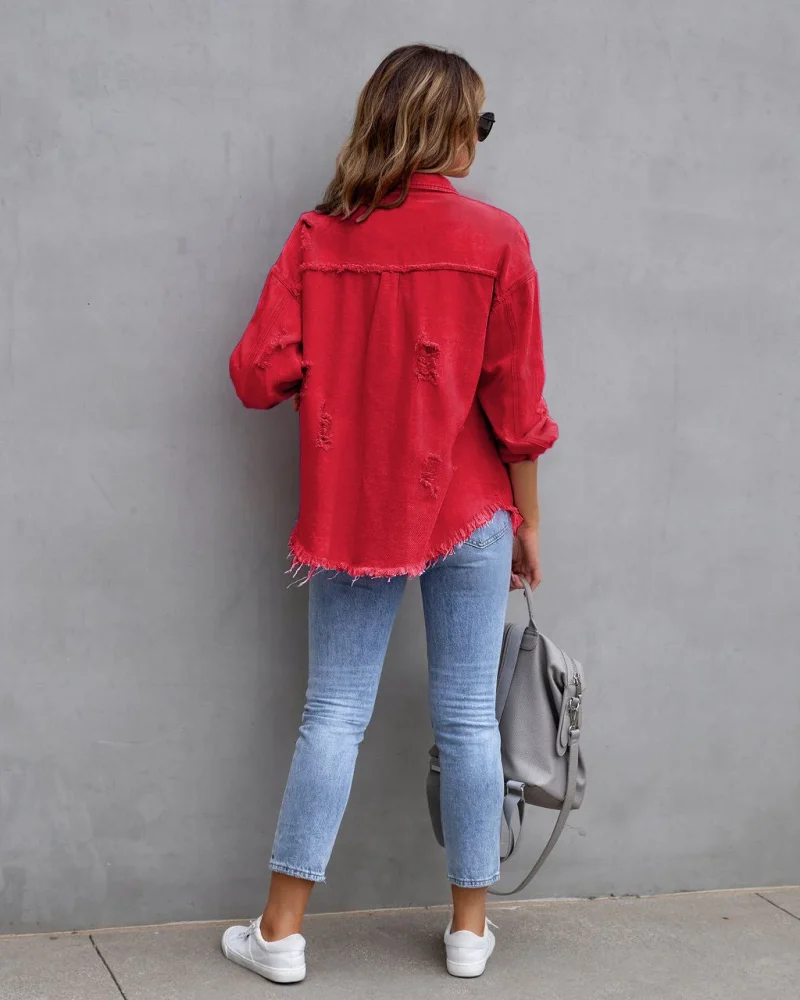 Loose Long Denim Jacket With Torn Holes Women Streetwear - Image 16