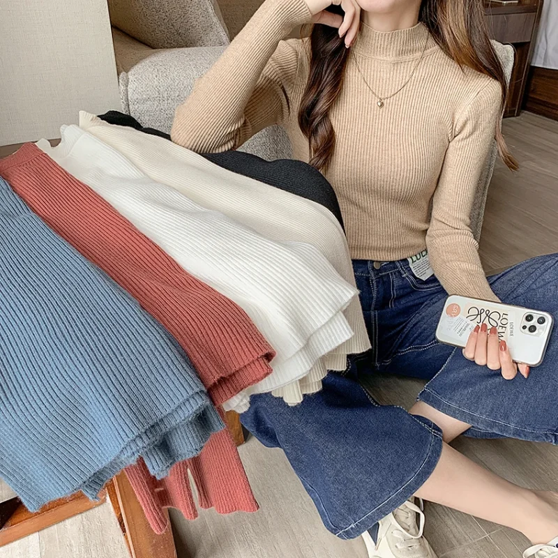 Mock Neck Women Sweater Vintage Basic Solid Knitted Tops - Image 2