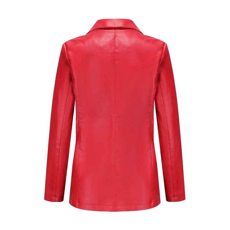 Fashion Single Button Red Leather Jacket For Women - Image 3