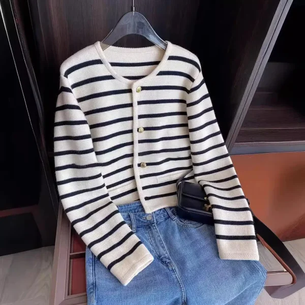 Women's Spring Fall Long Sleeve O-Neck Sweater Striped Knitted Cardigan - Image 4