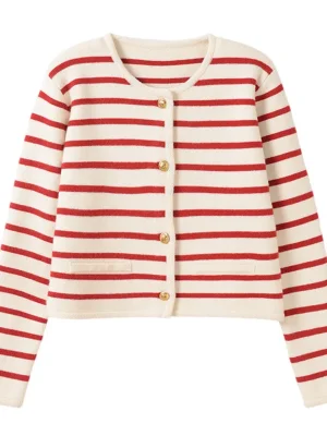 Women’s Autumn Winter Round Neck Striped Knitted Cardigan