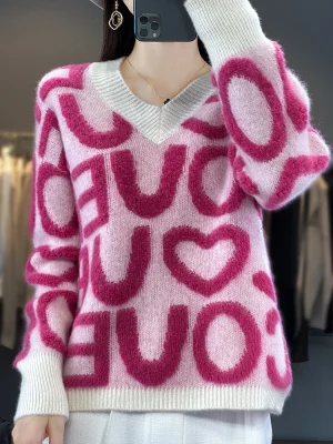 V-neck 100% Wool Knit Sweater Women’s Fashion