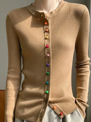 Women’s 100% Merino Wool Sweater Round Collar Colorful Buckles Slim Fit Cardigan