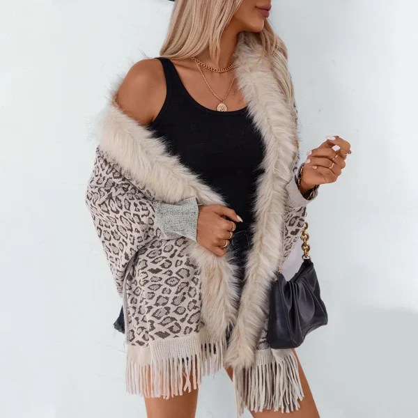 Women's Leopard Print Fur Shawl Knitted Cardigan Jacket - Image 3