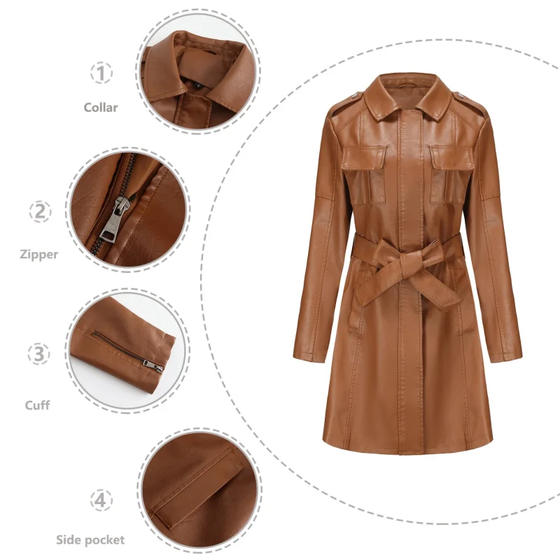 Long Leather Jacket With Belt For Women 2024 - Image 18
