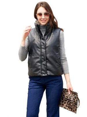 Winter Pu Leather Vest Cotton Coat Single Breasted Sleeveless Jackets