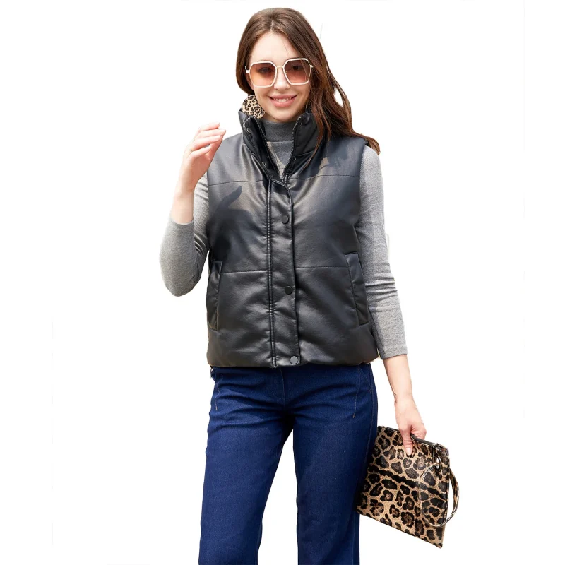 Winter Pu Leather Vest Cotton Coat Single Breasted Sleeveless Jackets