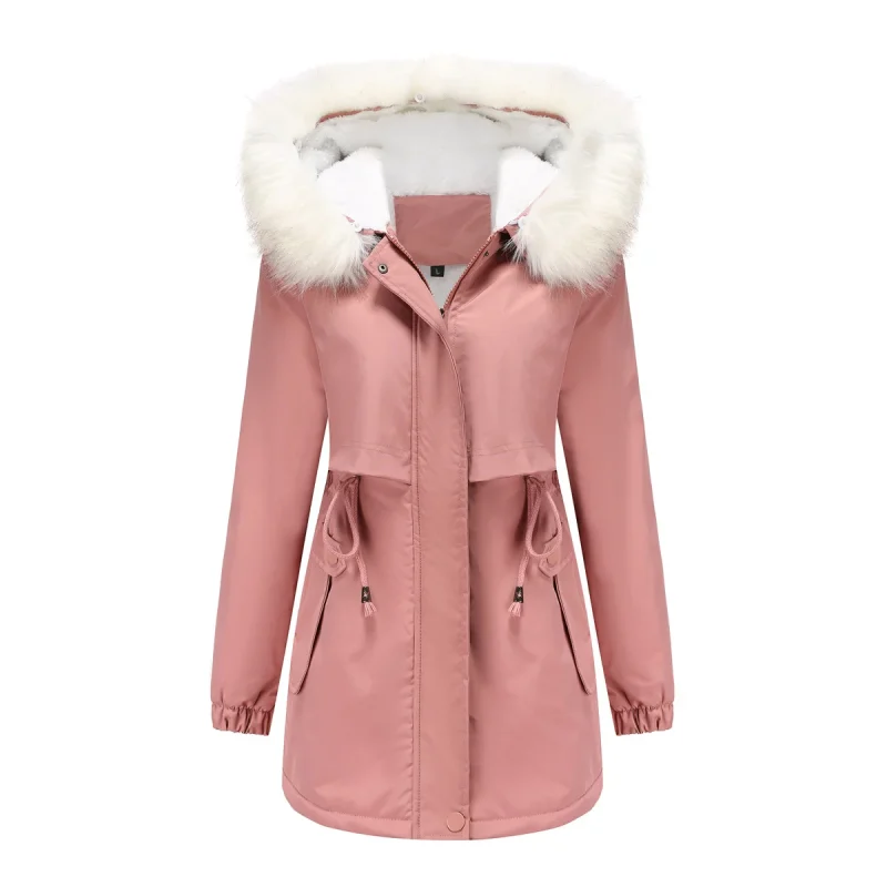 Women Faux Fur Collar Hooded Long Sleeve Fleece Thick Warm Jacket - Image 3
