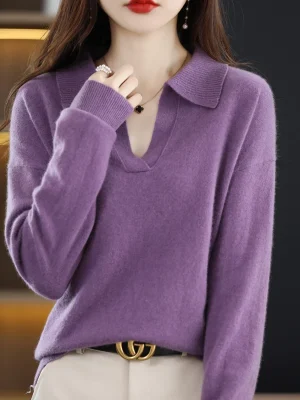 Wool Soft Sweater Polo Collar Pullover Casual Knit Sweater