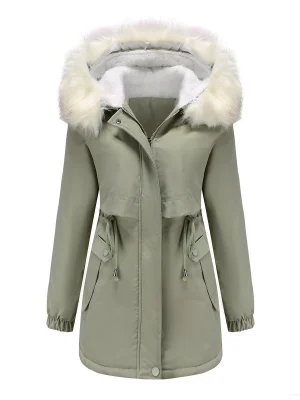 Women Faux Fur Collar Hooded Long Sleeve Fleece Thick Warm Jacket