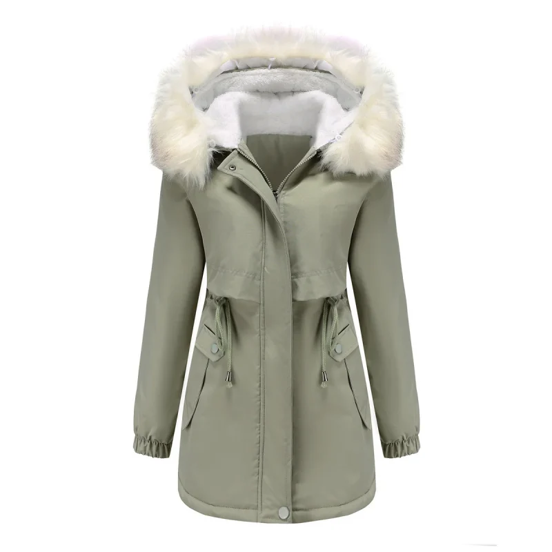 Women Faux Fur Collar Hooded Long Sleeve Fleece Thick Warm Jacket