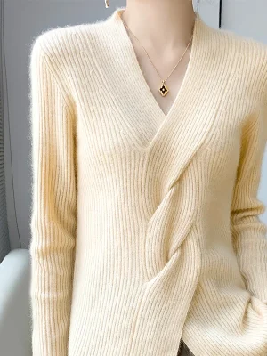 Wool V-Neck Cross Twisted Pullover Cashmere Thick Tops