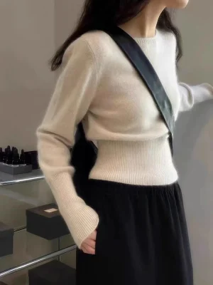 Wool Soft Sweater High Waisted Straight Neck Pullover