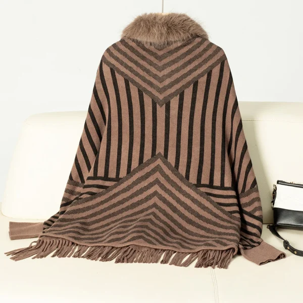 Fur Striped Poncho Cardigan Office Lady Batwing Sleeve Cape Knitted Shawl Sweaters - Image 6