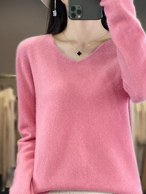 Sweater V-Neck Basic Pullover Autumn Winter Cashmere Clothing Long Sleeve Soft Knitwear Tops