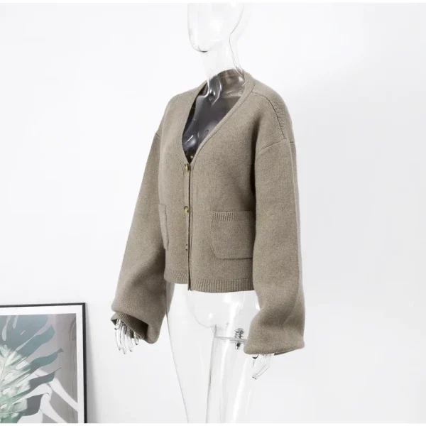 Casual Knit Single Breasted Cardigan Women Long Flare Sleeve Slim Round Neck - Image 12