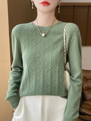 Fashion 100% Merino Wool Women Hollow Out Sweater O-Neck Long Sleeve