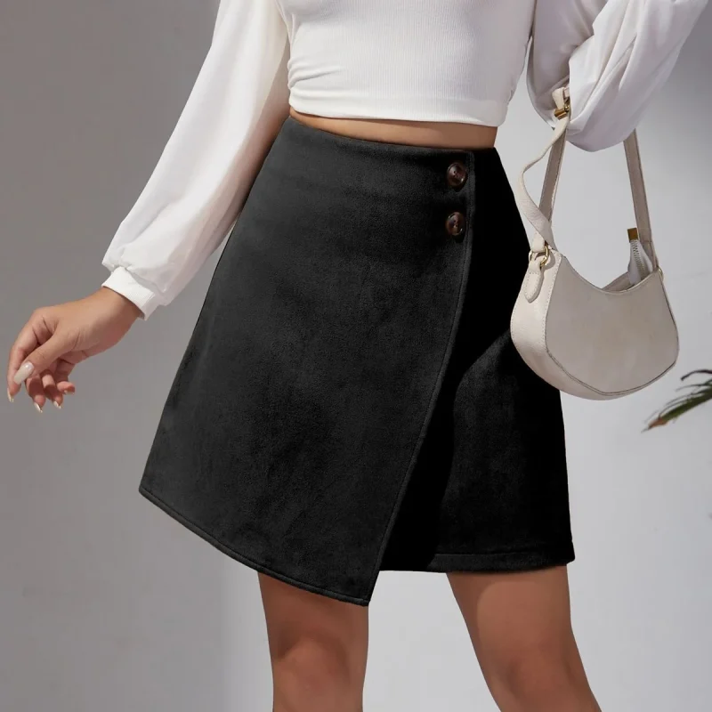 Winter Suede Irregular Skirt Solid Color High Waist Zipper Button - Image 6
