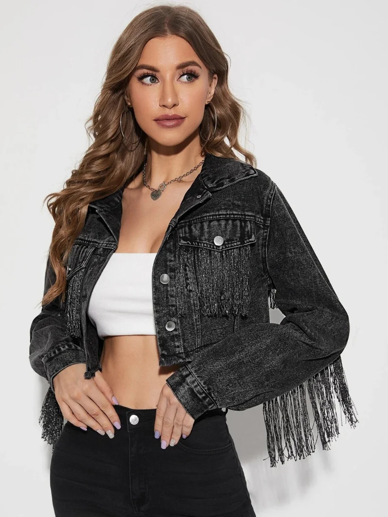Streetwear Tassel Short Denim Jacket Women 2024 - Image 6
