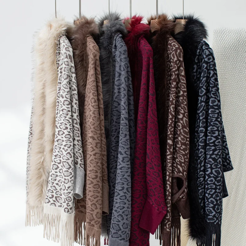 Women's Leopard Print Fur Shawl Knitted Cardigan Jacket - Image 11