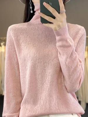 Women Wool Sweater Pile Collar Knitted Carved Hollow