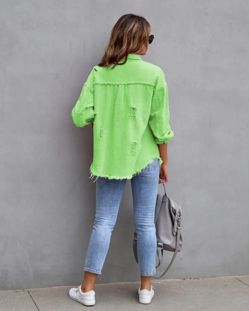 Loose Long Denim Jacket With Torn Holes Women Streetwear - Image 13