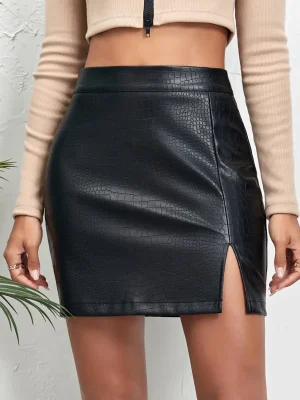 Split PU Leather Skirt For Women High Waist Crocodile Pattern