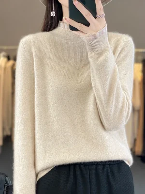 Wool Sweater Half-high Collar Knitted Mesh