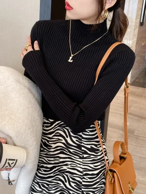 Elegant Solid Basic Knitted Tops Women Turtlneck Sweater