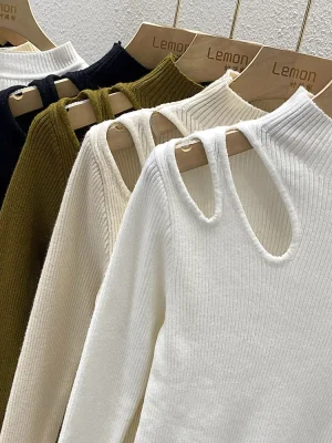 Hollow-out Turtleneck Knitted Women Sweater Ribbed Pullovers