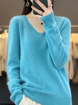 Women 100% Merino Wool Sweater V-Neck Basic Pullover Autumn