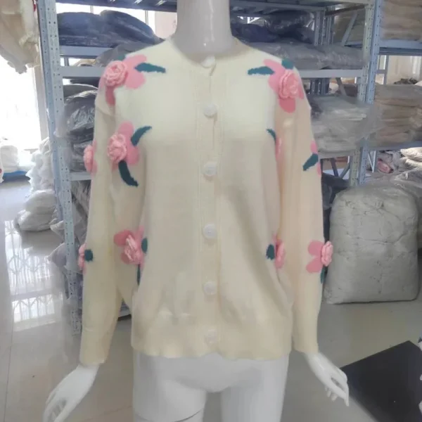 Korean Fashion Three Simensional Flower Knitted Cardigan - Image 4