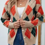 Winter Argyle Cardigan Women Fashion Streetwear Casual Knit Coats - Image 4