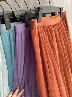 Women Mesh Elastic High Waist Tutu Long Skirt Spring