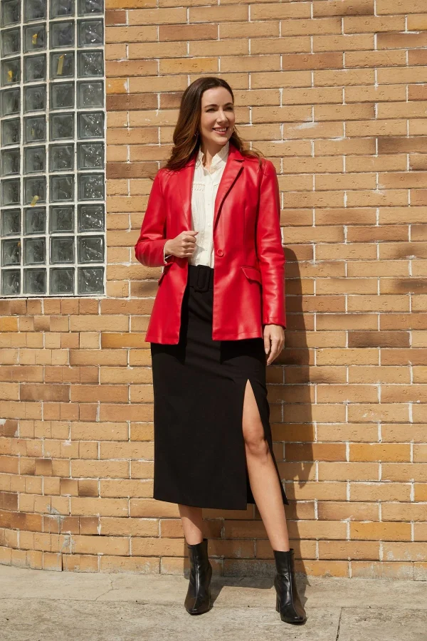 Fashion Single Button Red Leather Jacket For Women - Image 13