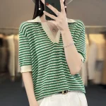 Women Fine Wool Cotton T-shirt Polo V-neck Half Sleeve - Image 2