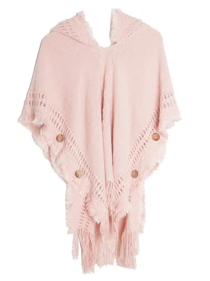 Fashion Hooded Button Tassel Poncho Women Solid Color Knit