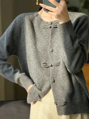 Wool Sweater O-neck Chinese Style Buckle Cardigan Soft Knitwear