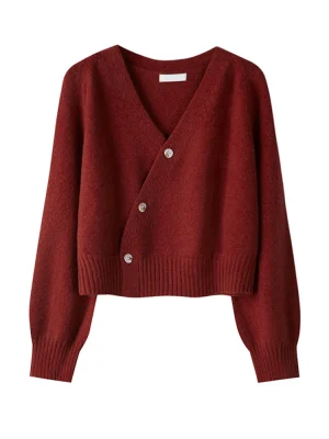 Winter Skew Button Cardigan V-neck Sweater Women Knitted Long Sleeve Tops