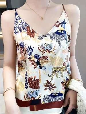 Silk Camisole Women’s V-neck Beautiful Back Animals Print