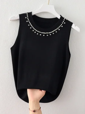 Korea Knitted Vests Women Top O-neck Solid Tank