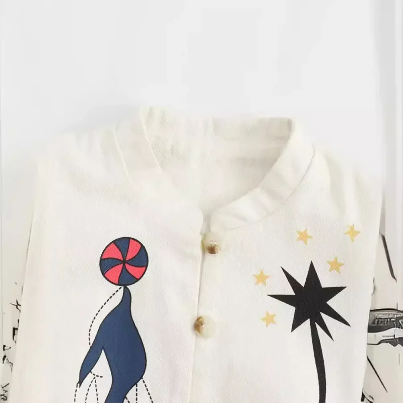 Women's Simple Standing Neck Long sleeved Printed Single breasted Jacket Coat - Image 5