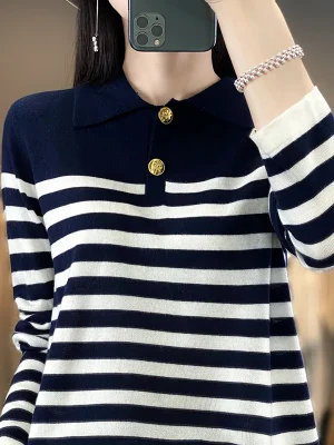 Wool Sweater Polo Collar Stripe Color