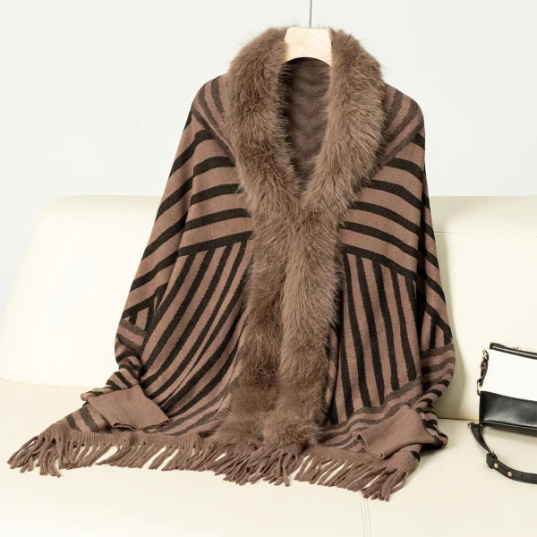 Fur Striped Poncho Cardigan Office Lady Batwing Sleeve Cape Knitted Shawl Sweaters - Image 5